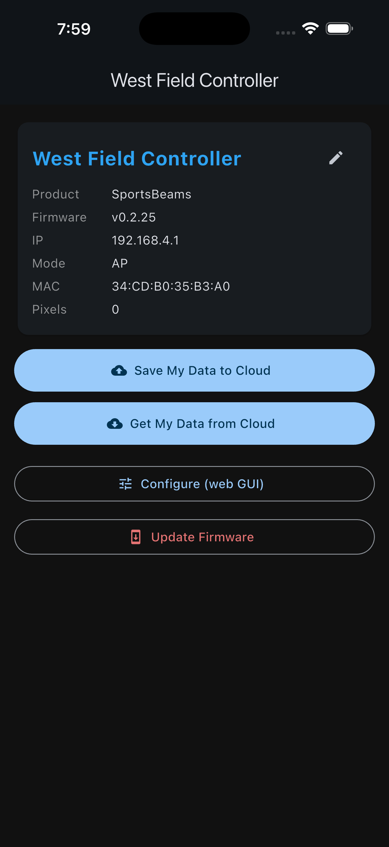 Connected device screen in the DMX Engineering app