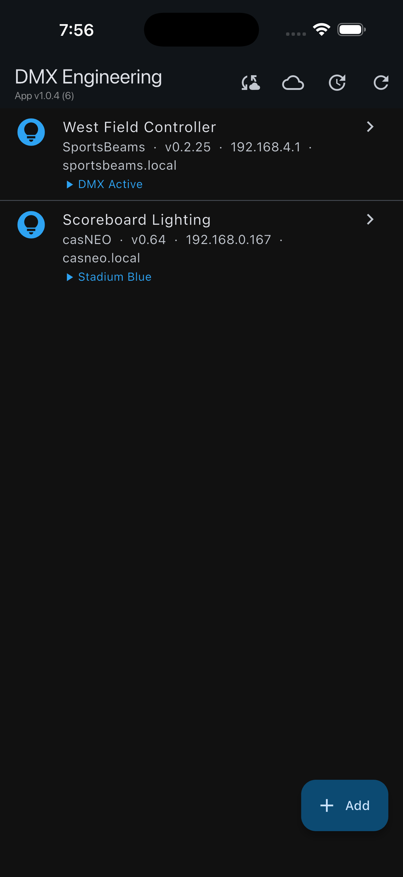 Device discovery screen in the DMX Engineering app